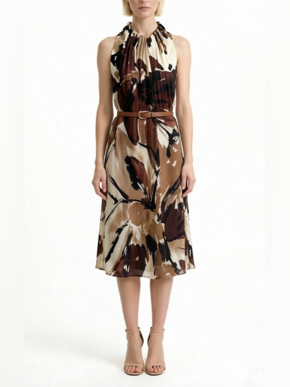 New Ann Taylor 100% Silk Halter Midi Dress Brown Abstract Print Pleated Neck, 4